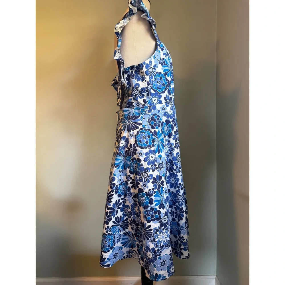 Tahari ASL BlueWhite Floral Ruffle  Cutout Fit Flare Dress 12 boho whimsi dainty - Picture 4 of 9